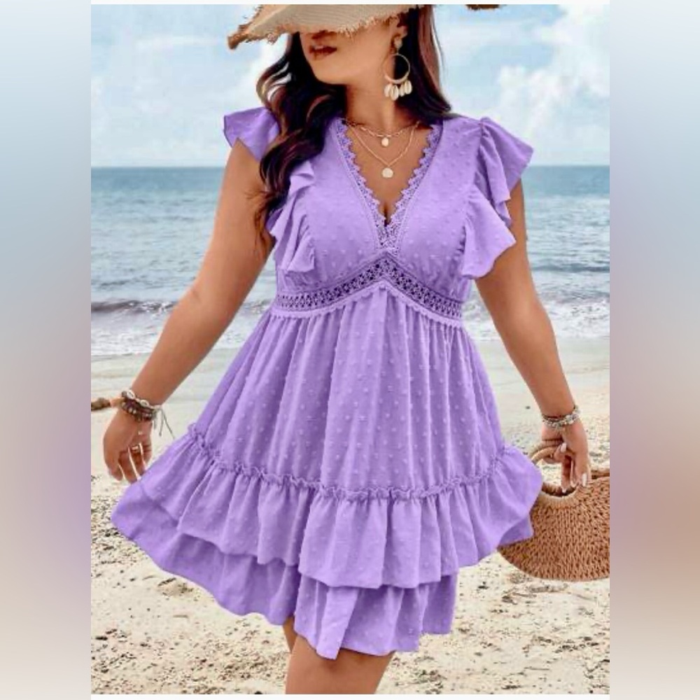 SHEIN 2XL Purple Lavender & White Embroidered Ruffle Mini Dress